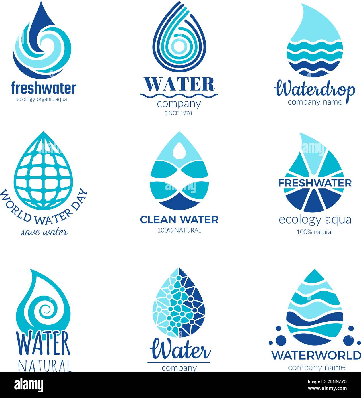 Water logos. Aqua water drops and splashes silhouette health rain spa ...