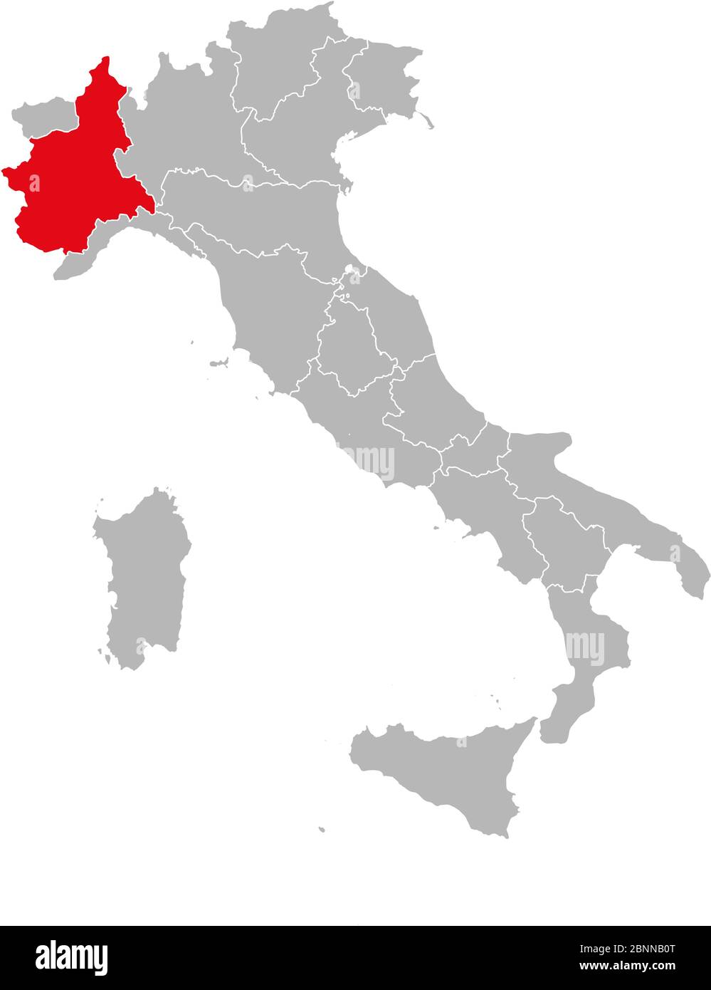 Piedmont region highlighted red on Italy map vector. Gray background. Stock Vector