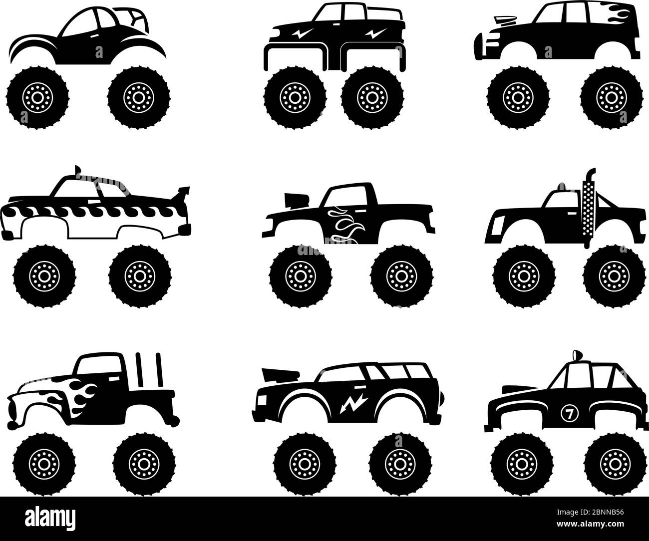 Monster truck automobile. Big tires and wheels off road cartoon car toy for kids vector monochrome black illustrations isolated Stock Vector