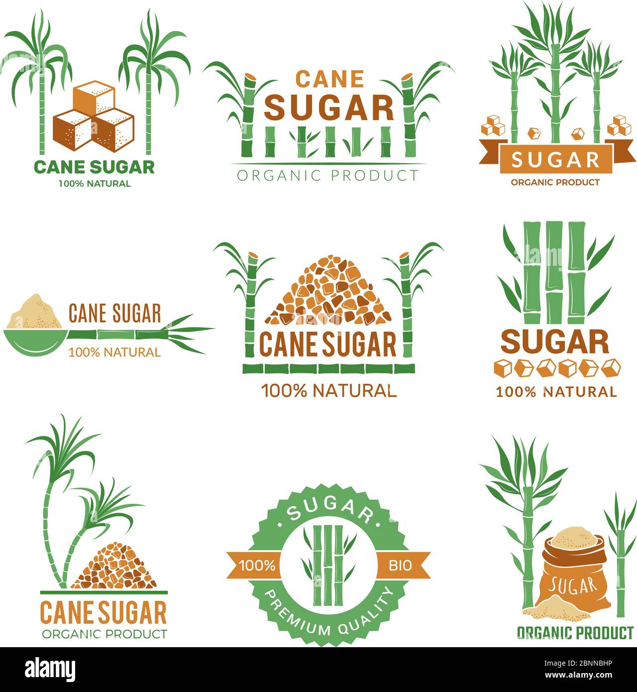 Sugarcane manufacturing. Sweets plants production farm industry leaf vector badges or labels with place for your text Stock Vector