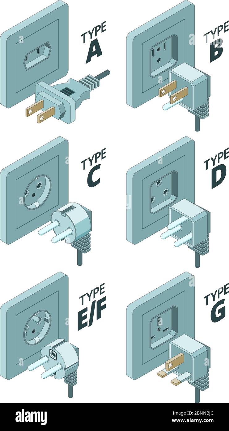 Power plug types. Electricity energy box connector meter 3d isometric vector illustrations Stock Vector