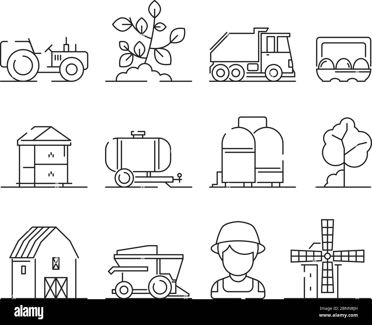 Agricultural icon. Industrial farming machine village nature field farm landscape and buildings vector symbols Stock Vector