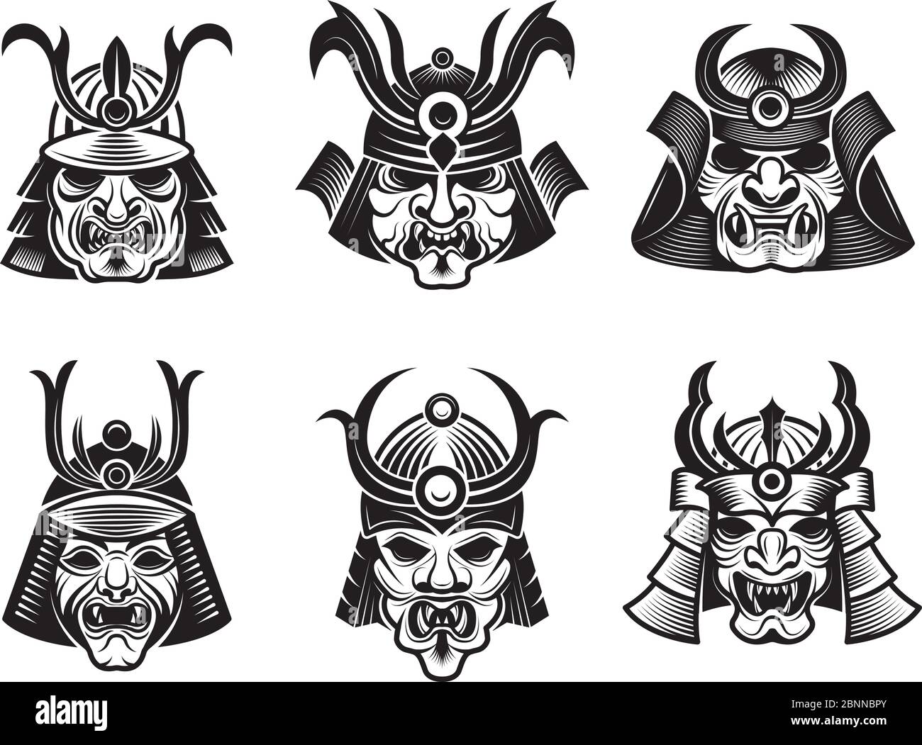 Martial masks. Warrior japanese samurai shogun asian armour vector black  illustrations isolated Stock Vector Image & Art - Alamy