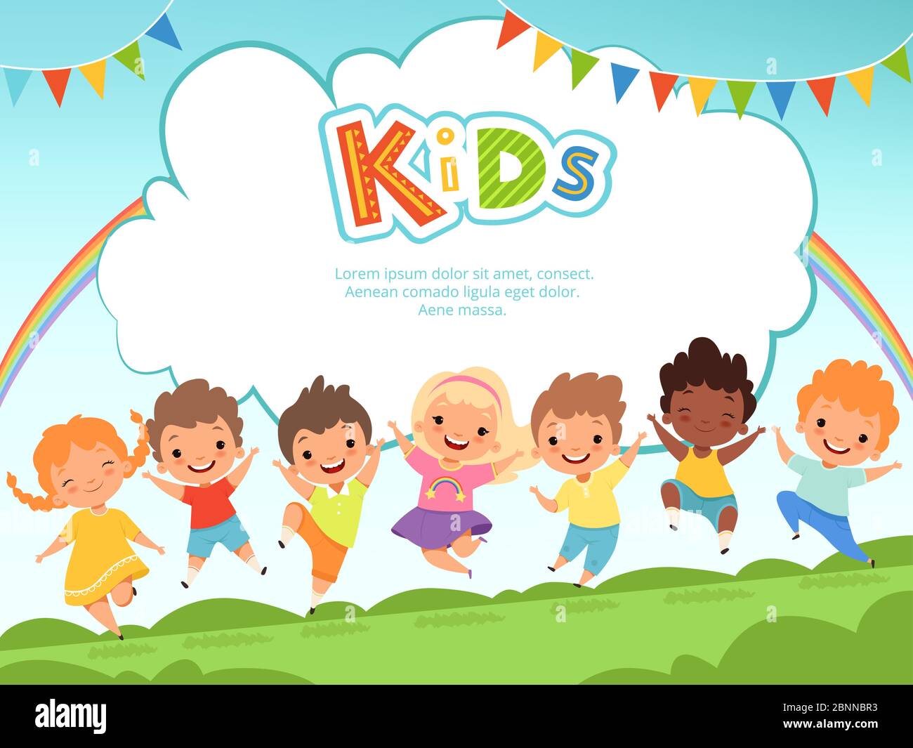Children jumping background. Happy kids playing male and female on playground vector template with place for your text Stock Vector