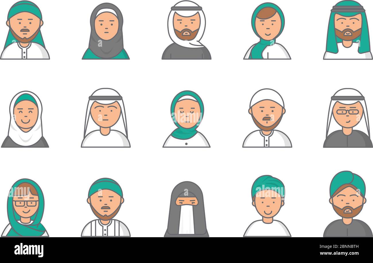 Islam linear avatars. Arabian muslim saudi male and female vector faces for web profile Stock Vector