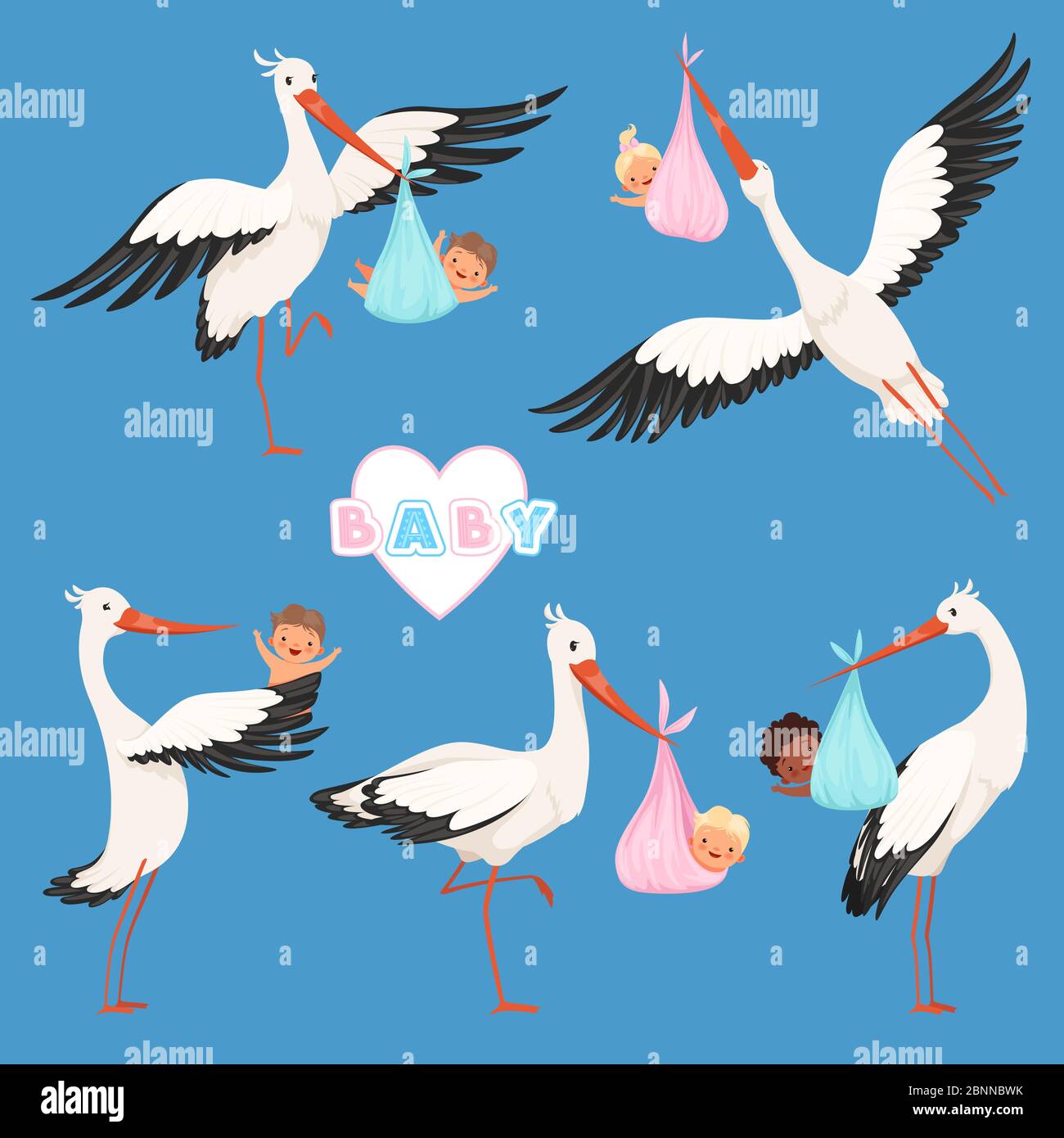 Flying stork baby. Bird delivery newborn cute little childrens vector carry stork characters isolated Stock Vector