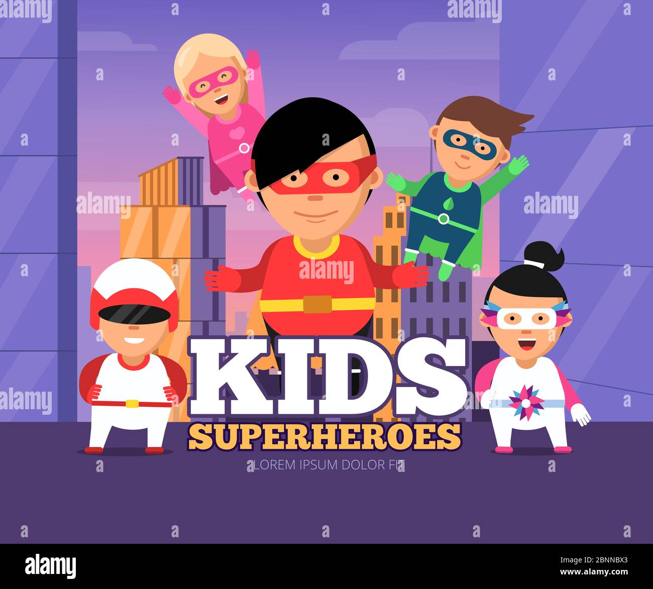 City kids heroes. Urban landscape with childrens male and female ...