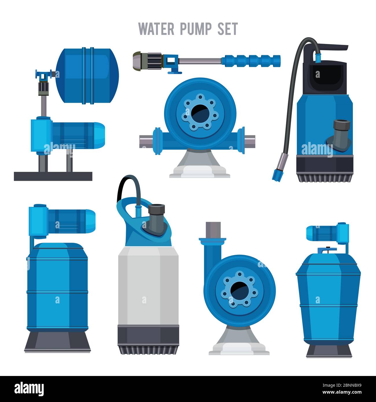 Water pump system. Aqua treatment electronic steel compressor agriculture sewage station vector icons set Stock Vector