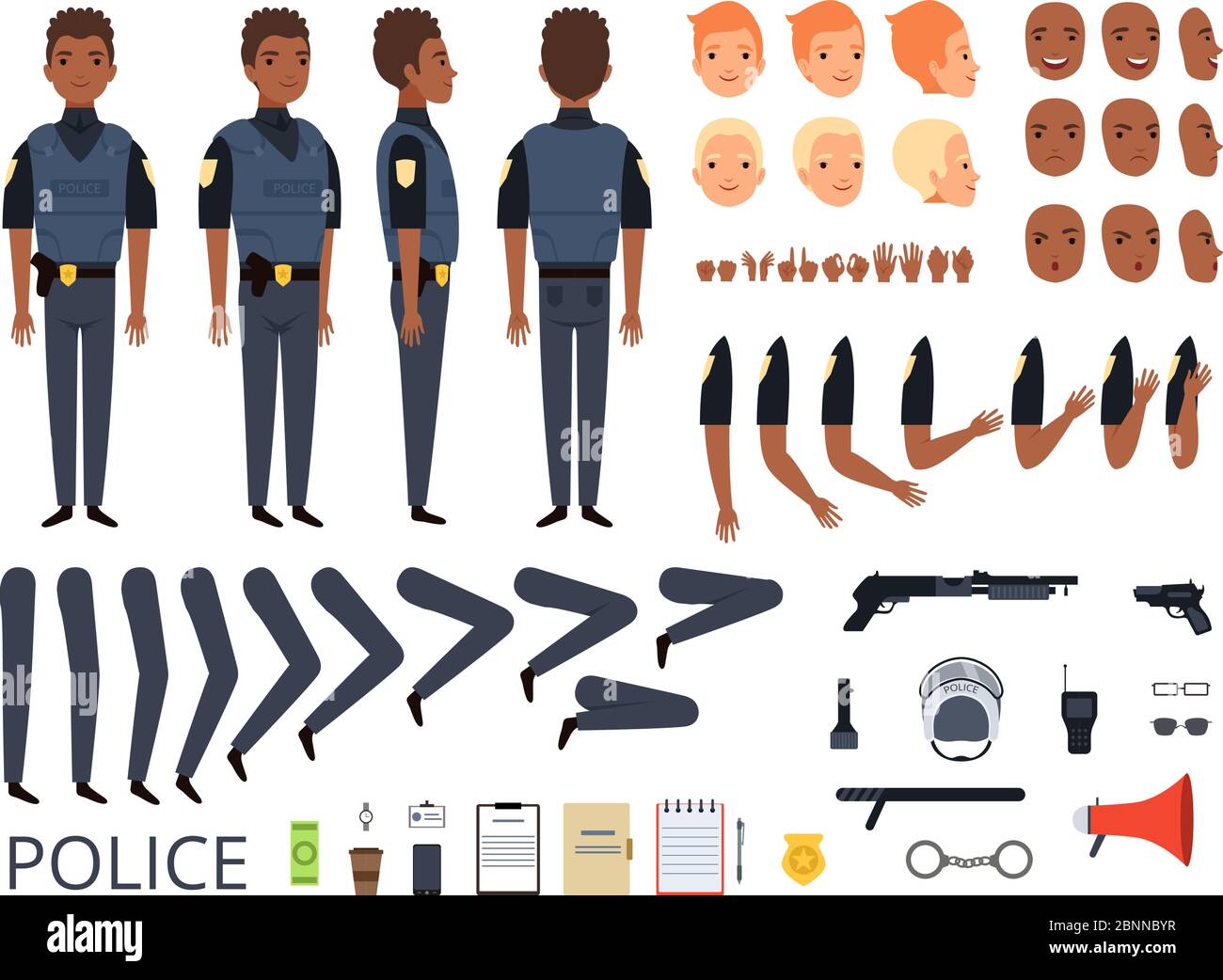 Police characters. Detail creation kit constructor bodyguard man cop poses and uniform professional clothes and tools vector cartoon Stock Vector