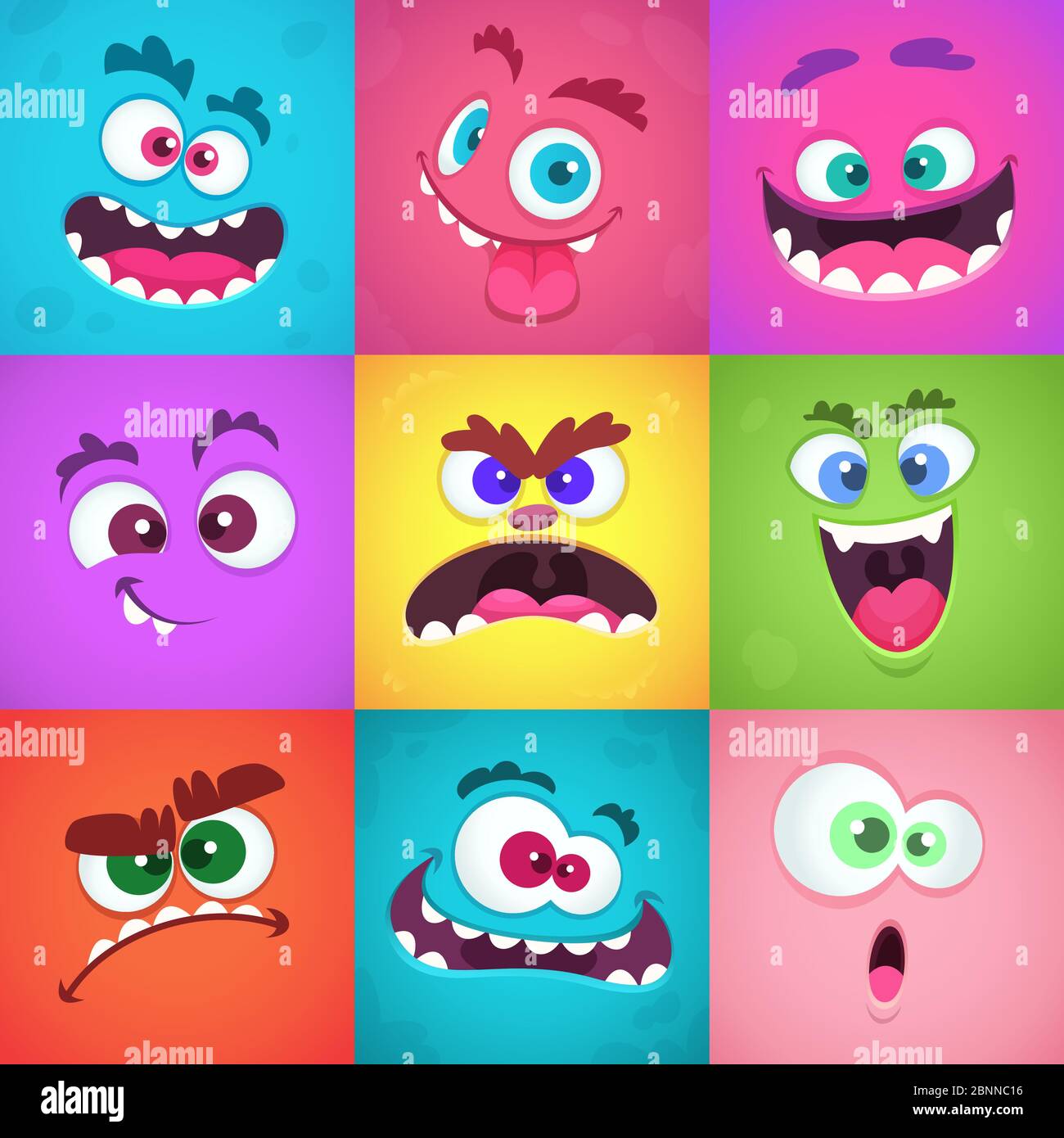 Monsters emotions. Scary faces masks with mouth and eyes of aliens monsters vector emoticon set Stock Vector
