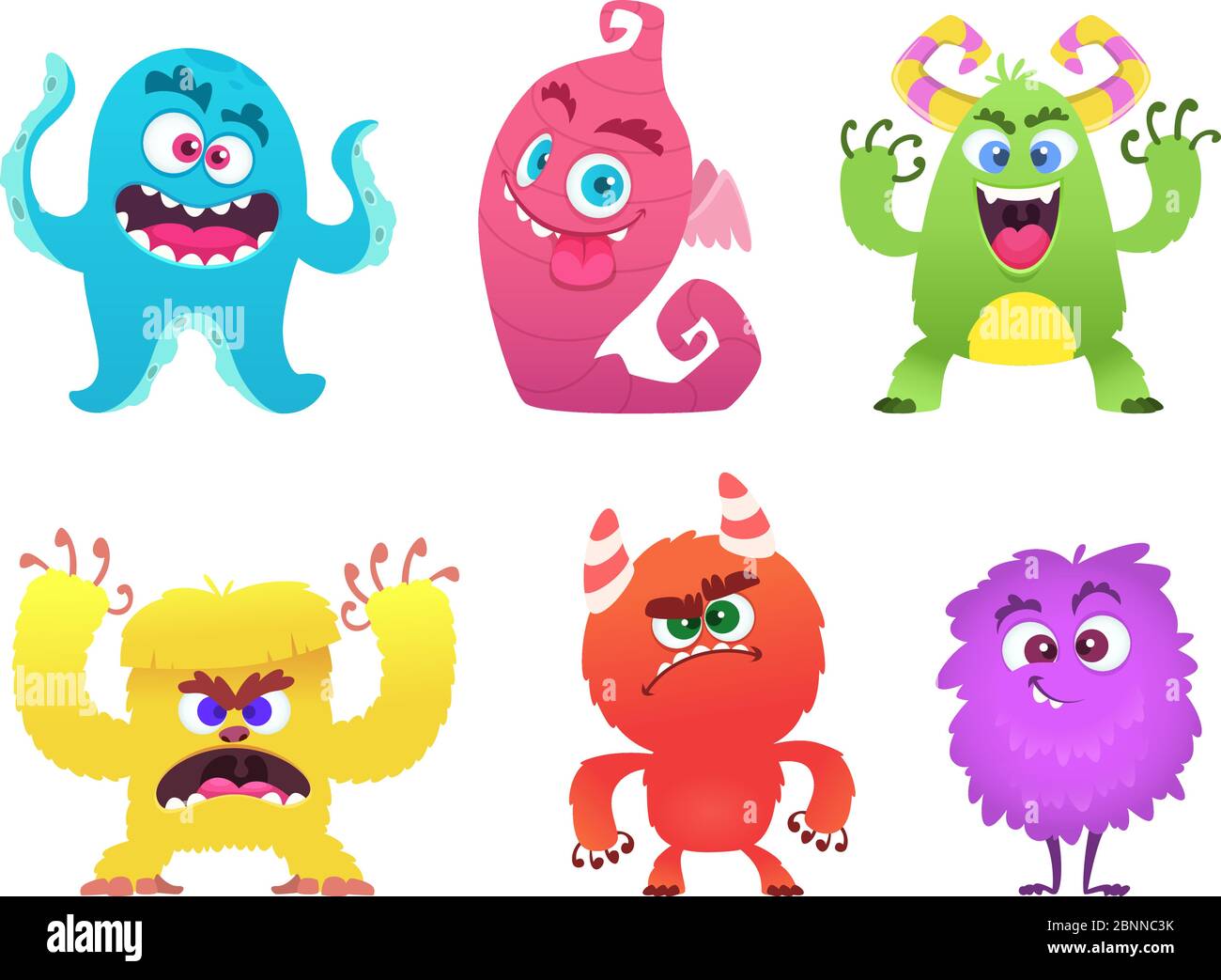 Cartoon monsters. Goblin gremlin troll scary cute faces of colored monsters vector funny characters Stock Vector