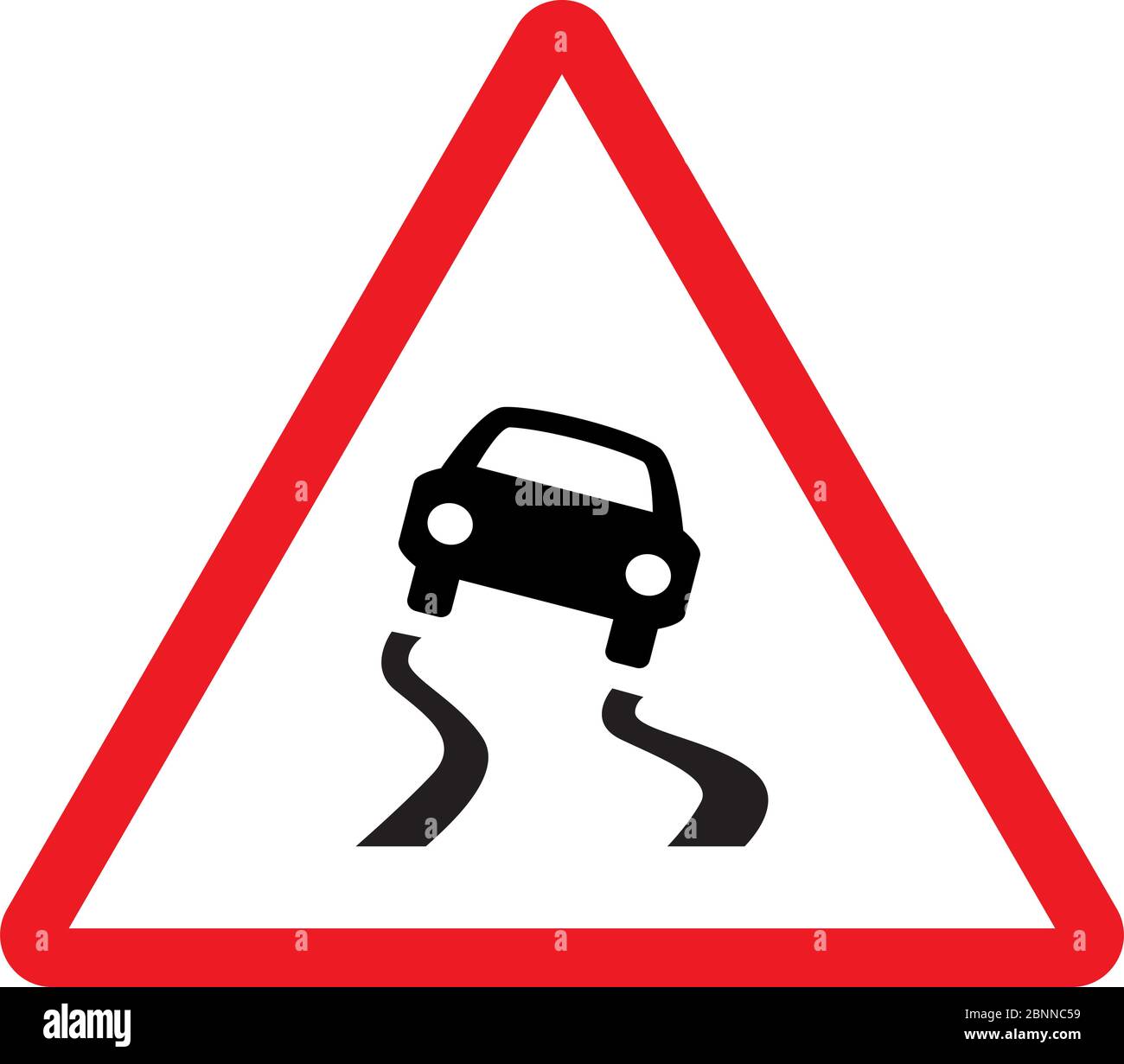 Slippery road traffic warning sign vector. Red triangle board. Road traffic symbols. Stock Vector