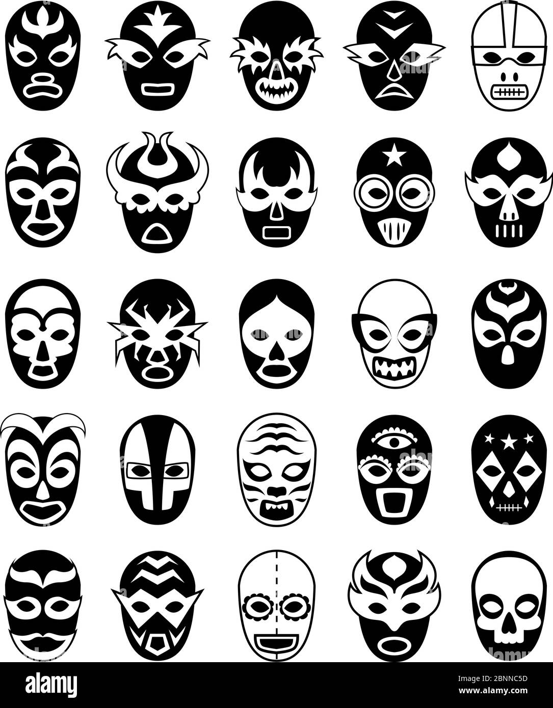 Fighters masks. Mexican lucha libre silhouettes of vector masked luchador isolated Stock Vector