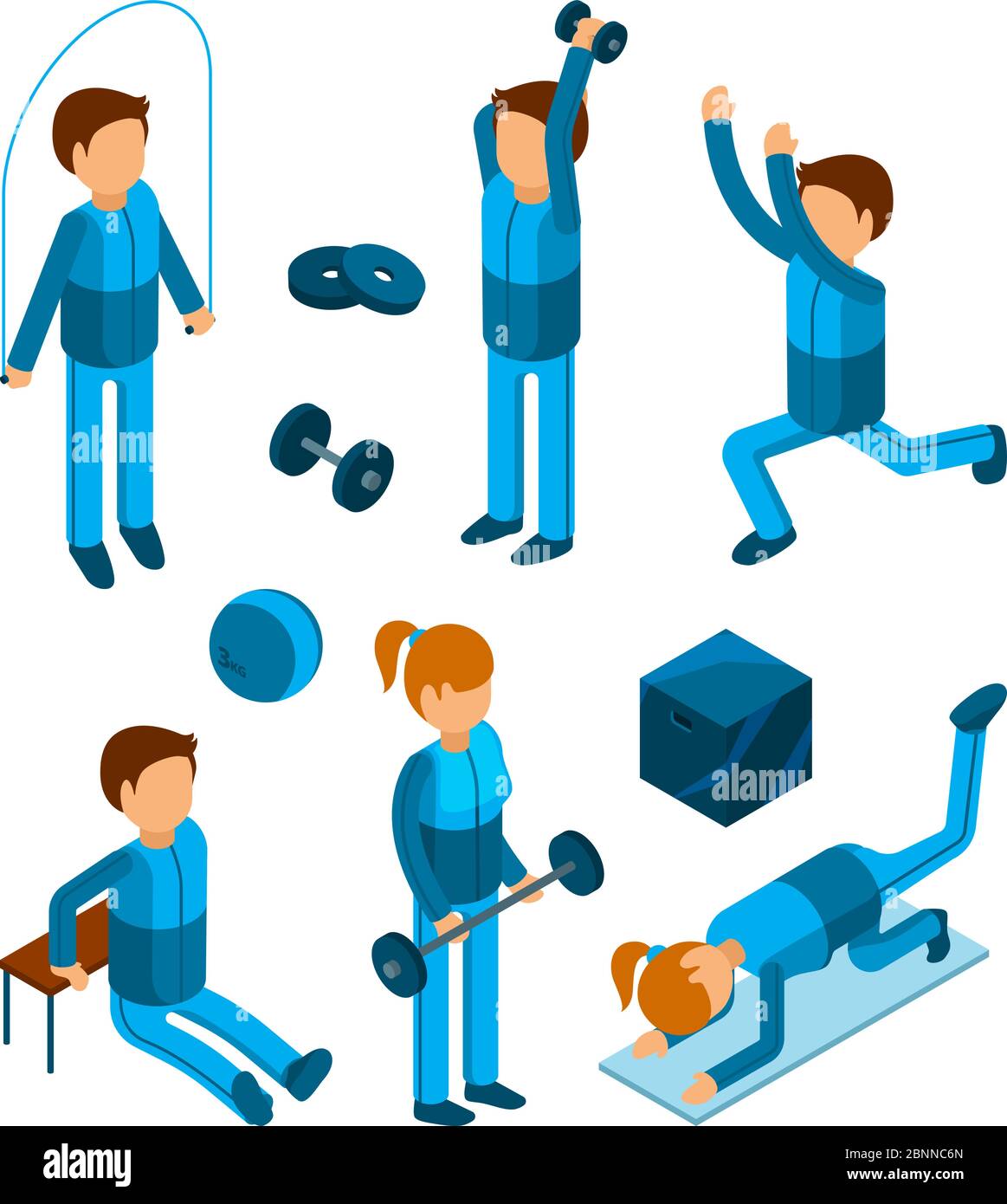 Gym people isometric. Fitness sport characters workout exercises body pump and strength vector