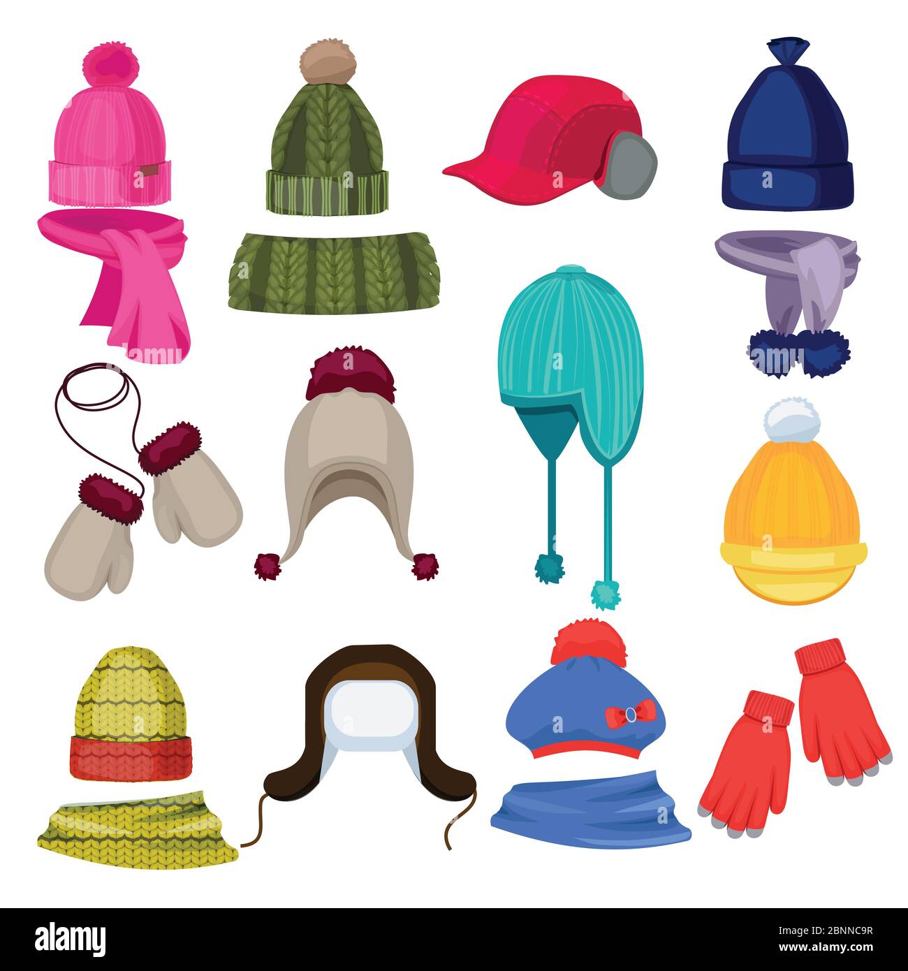 Winter hat cartoon. Headwear cap scarf and other fashion accessories clothes in flat style vector illustrations Stock Vector