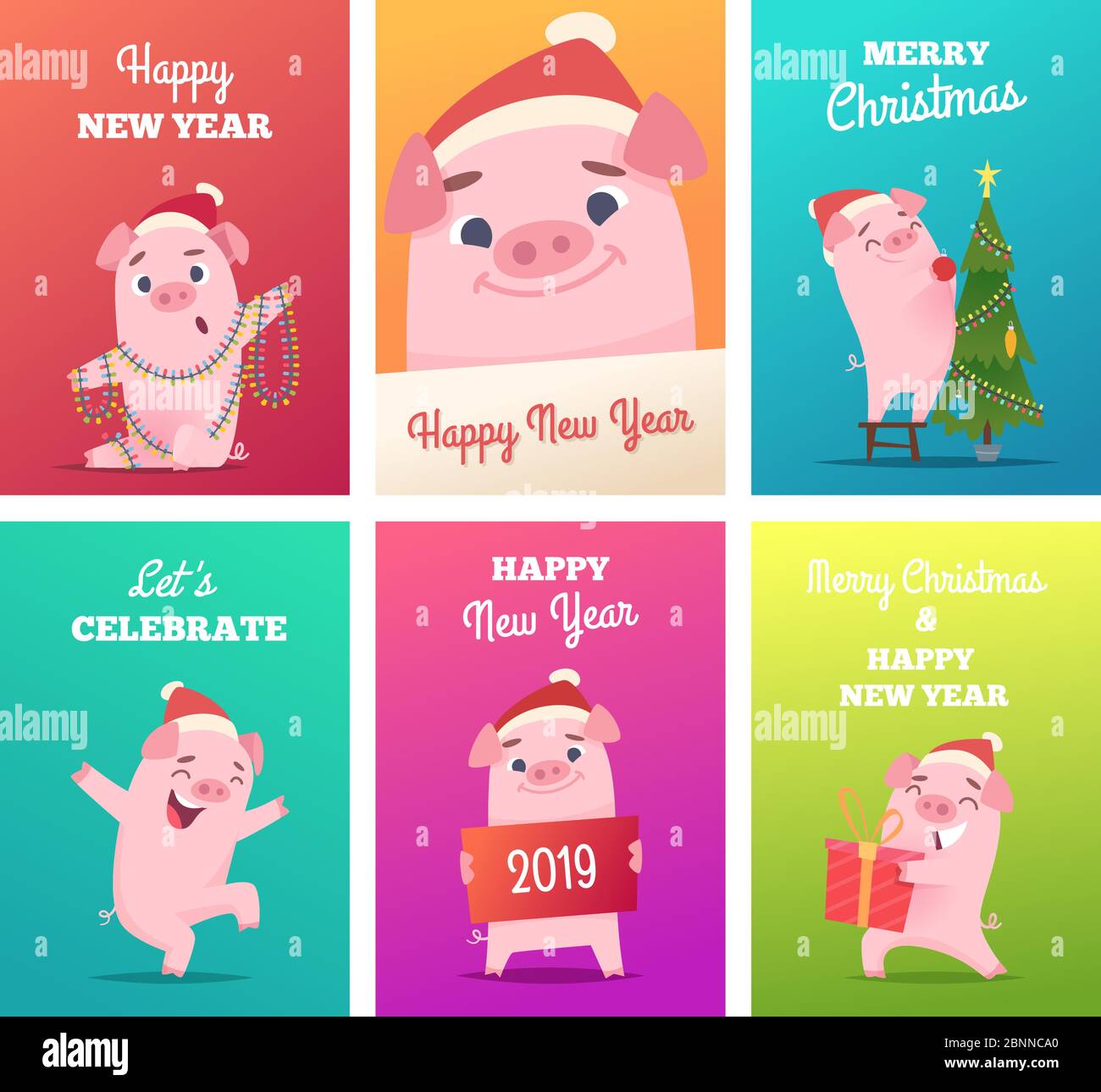 New year cards template. Celebration funny badges with pig boar hog ...