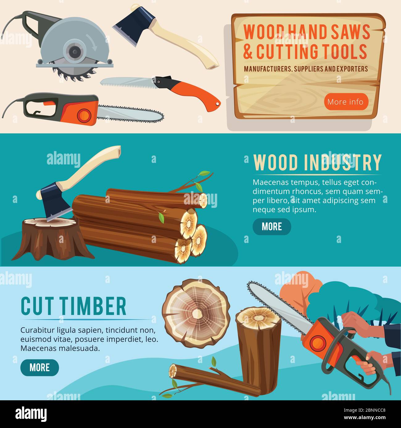 Woodworking production. Banners of wood pictures forestry pile trunks lumberjack cutting tools vector illustrations Stock Vector