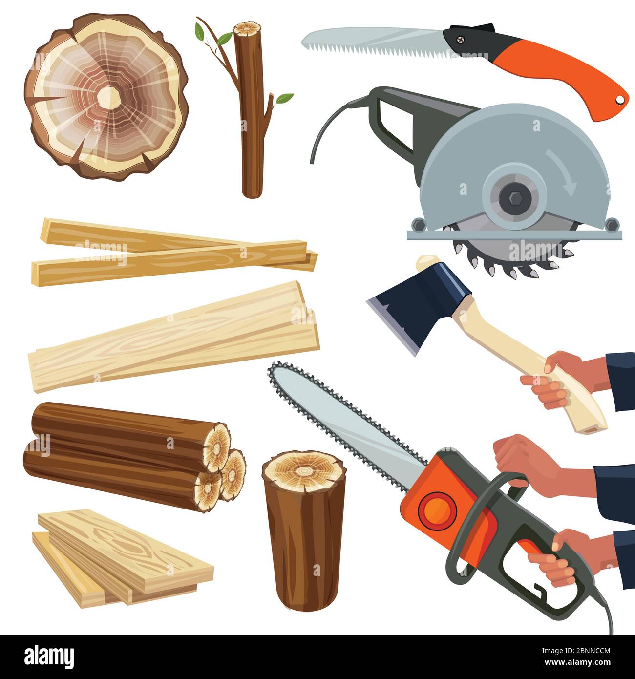Wood materials. Wooden production and cut woodworking equipment cutting tools forestry pile vector isolated pictures Stock Vector