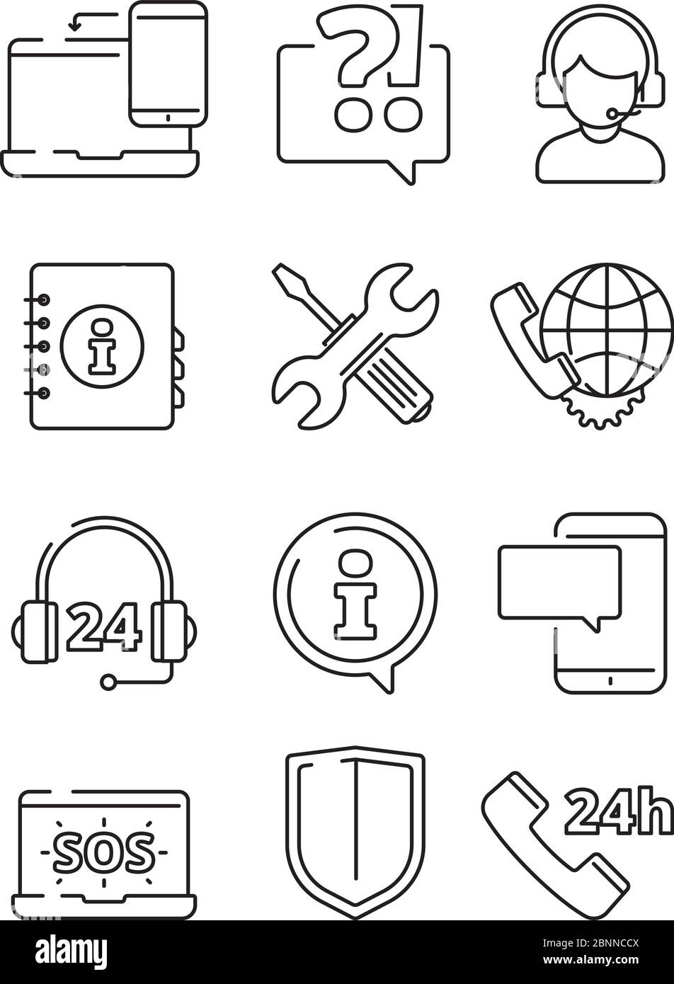 Customer service icons. Support help at phone line or web vector line