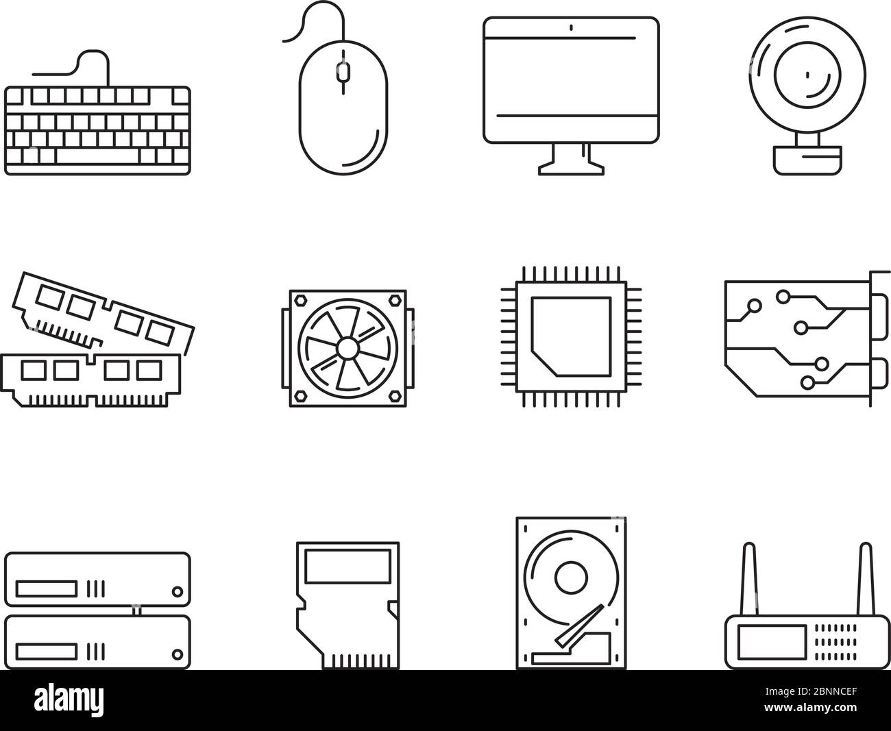 Pc components icons. Processor ssd cpu power adapter ram memory and hdd linear vector symbols isolated Stock Vector