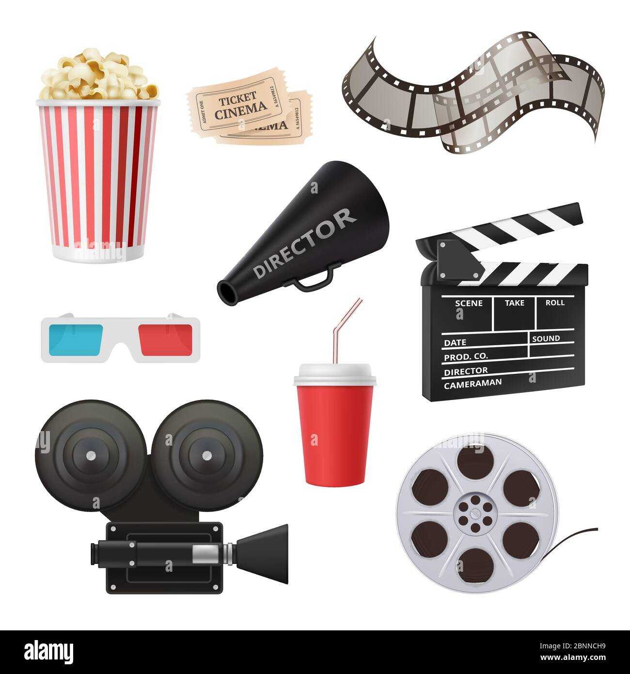Movie 3d icons. Camera cinema stereo glasses popcorn clapper and ...