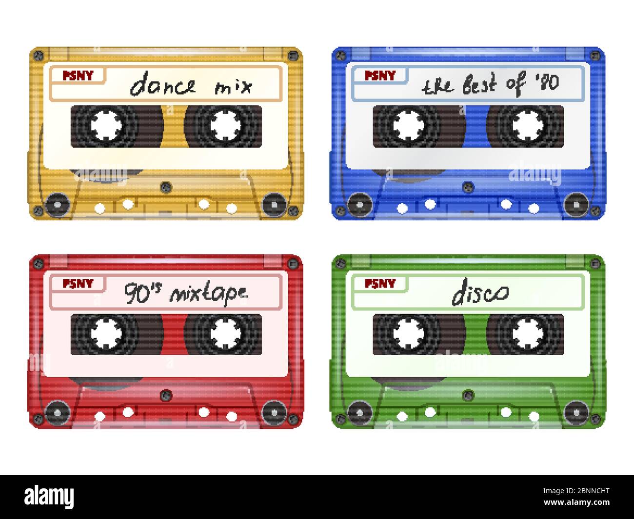 Colored audio cassette. Mixtape retro pop rock music equipment vector set of realistic pictures isolated Stock Vector