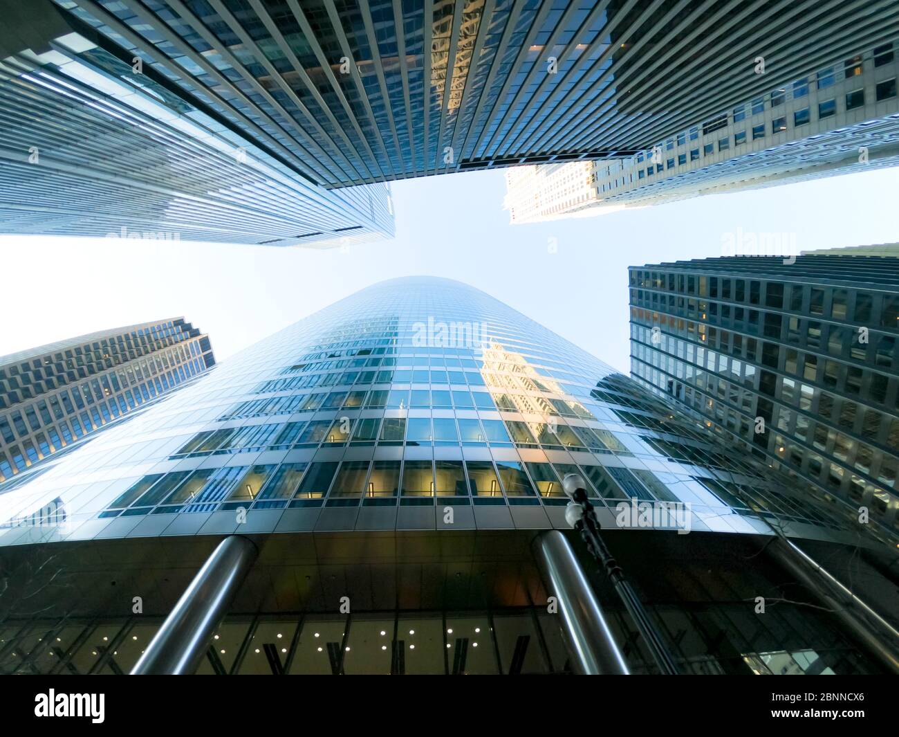 Upward view of chicago skyscraper busnesses and tall office buildings.  Showcasing various architectural styles. Illinois usa. Stock Photo