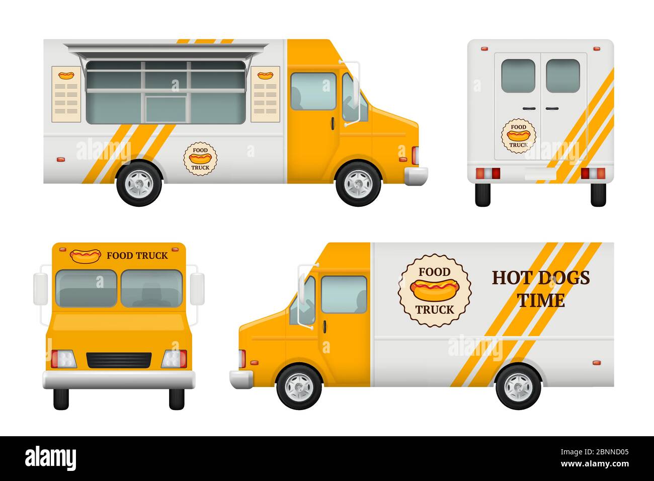 Mobile restaurant identity. Business tools of corporate style for fast catering kitchen and fast food truck vector logo blank templates Stock Vector