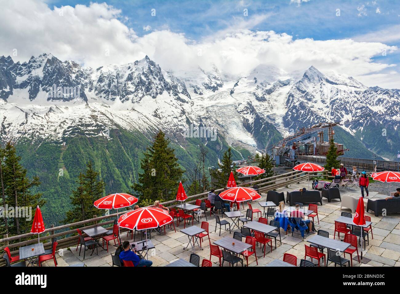 France, Chamonix, late May, top station of Plan Praz telecabine (gondola), brasserie, restaurant, deck Stock Photo