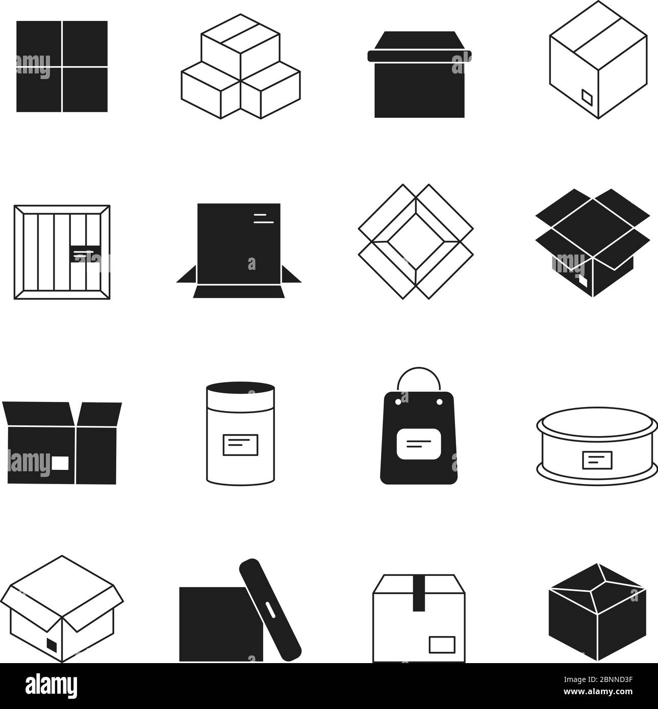Box icons. Cardboard packages envelopes mail stack vector symbols isolated Stock Vector