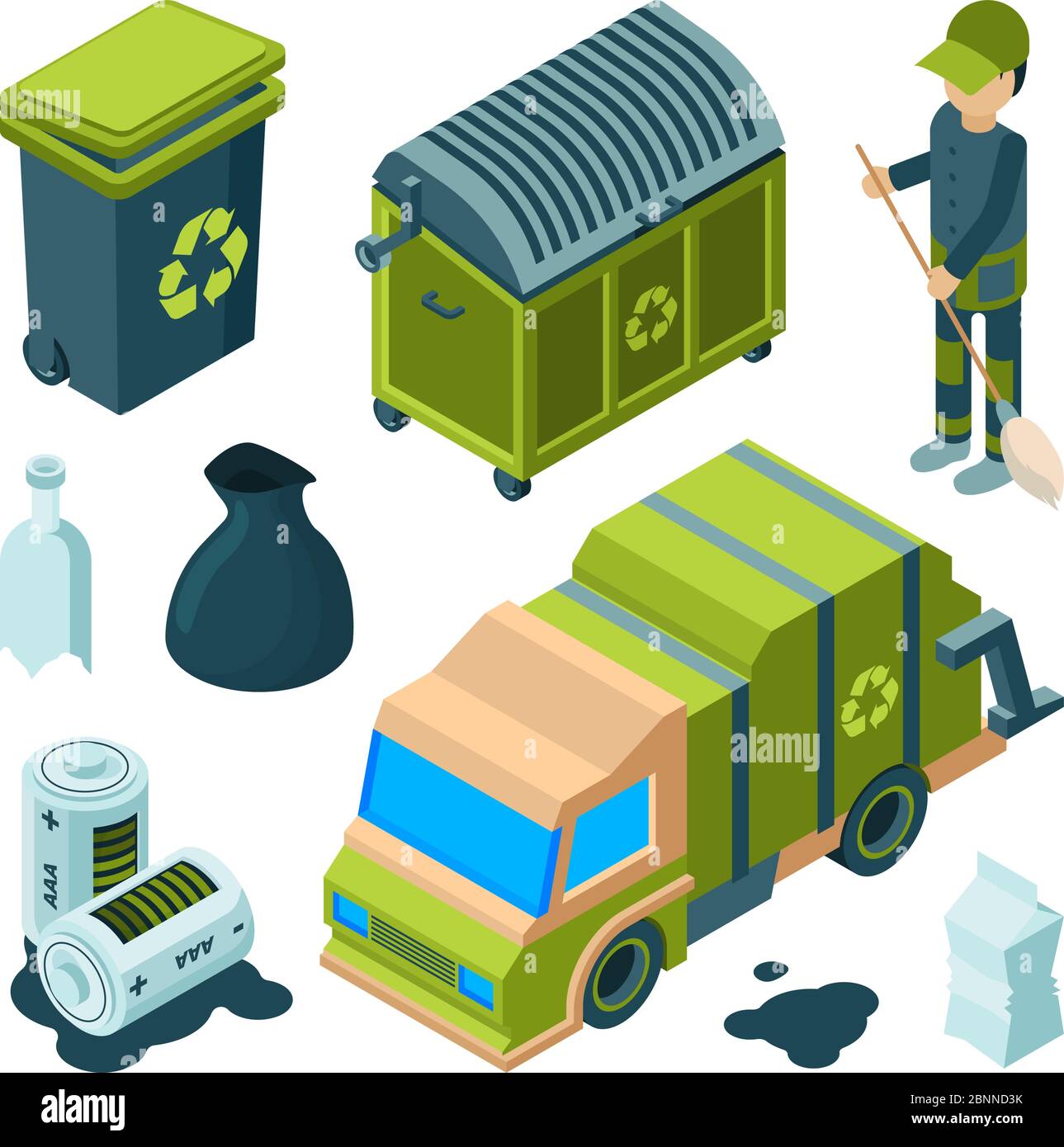 Garbage recycling isometric. City cleaning service truck urban