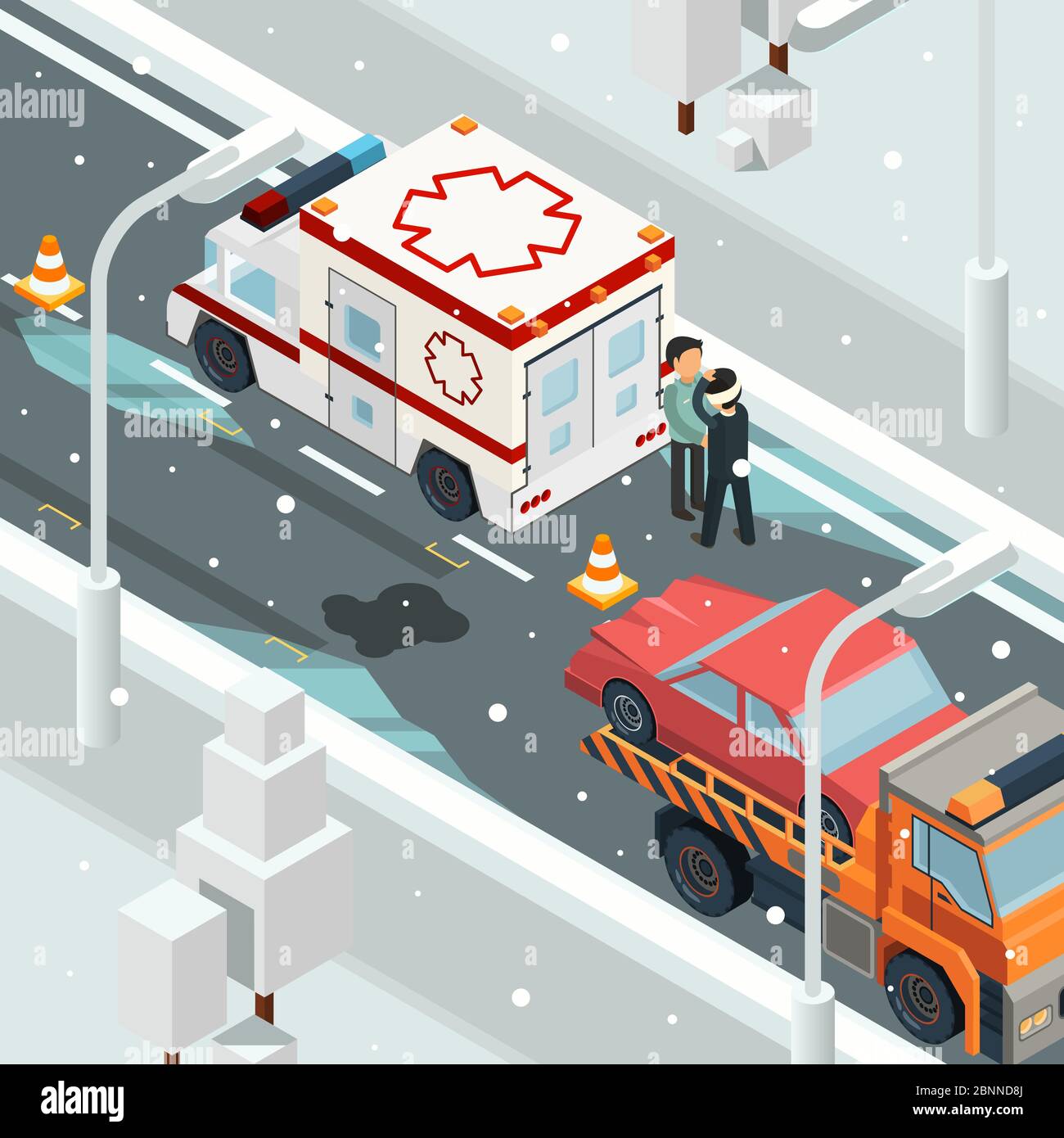 Urban accident crash cars. Winter warning on road slip wreck automobile