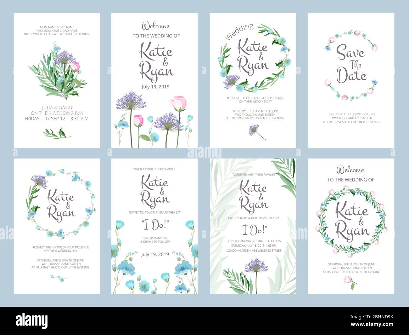 Invitation cards. Wedding floral placards love greeting beauty frames vector illustrations with place for your text Stock Vector