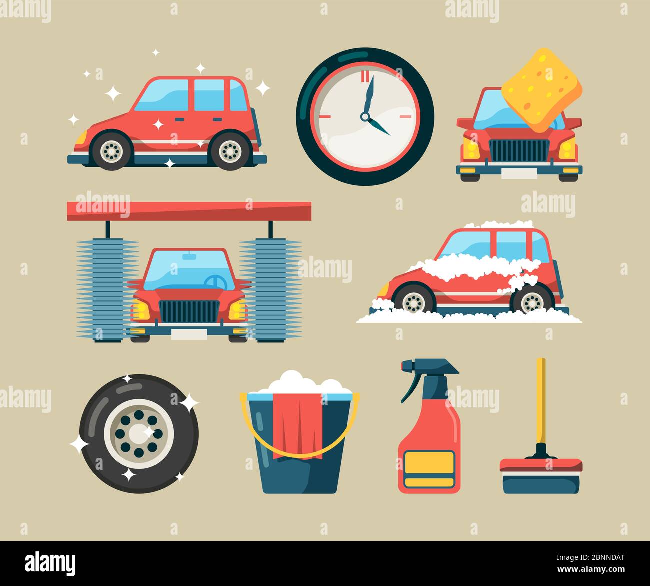 Car wash icon set. Foam roller washing machines cleaning auto service vector cartoon symbols isolated Stock Vector
