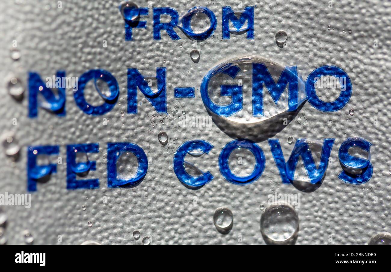 Printed line, "from non-gmo fed cows" on aluminum Stock Photo