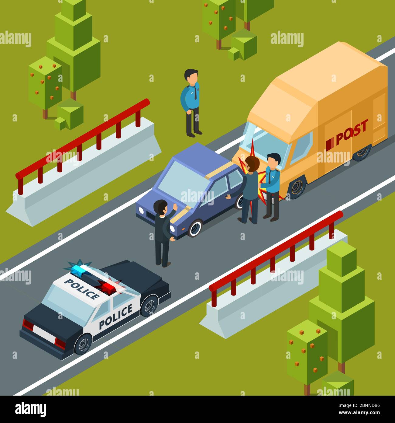 Accident on city road. Polices car and disasters vector isometric urban scene Stock Vector