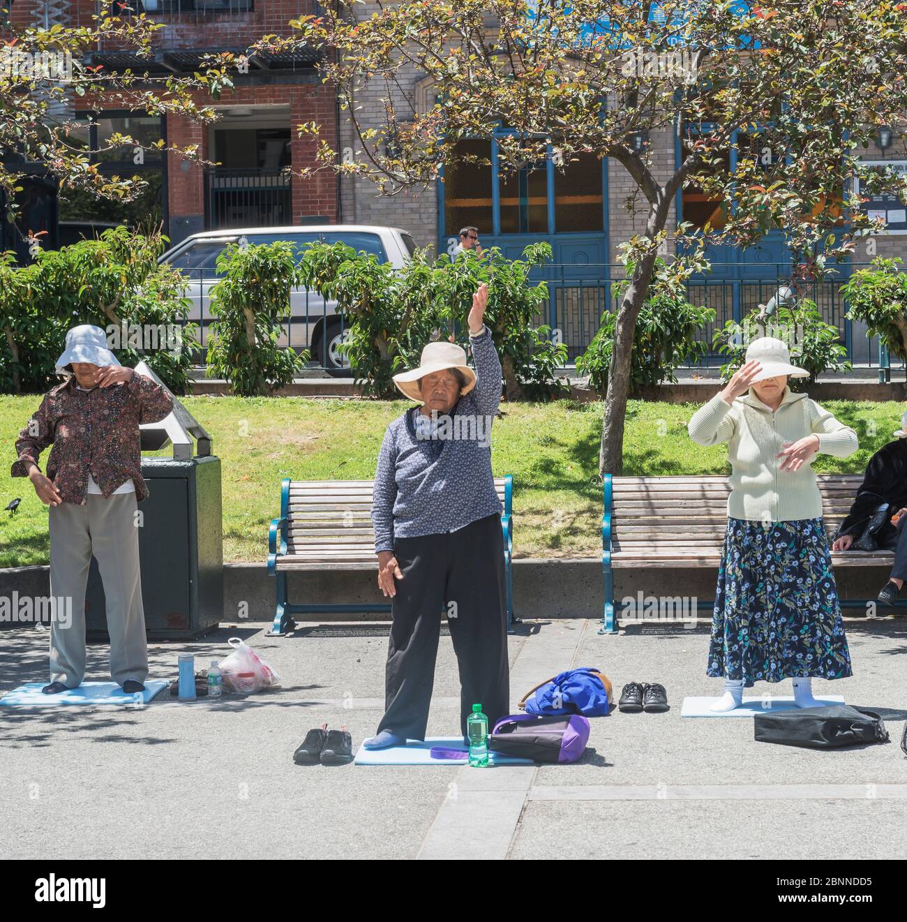 Chinese Americans practicing Tai Chi, Chinatown, San Francisco, California, USA Stock Photo