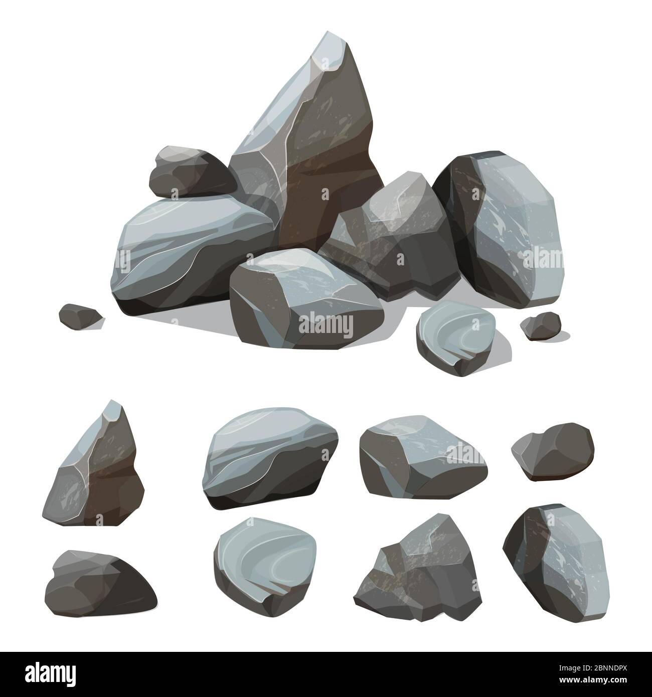 Cartoon mountain stones. Rocky big wall from gravels and boulders vector creation kit with various colored parts of stones Stock Vector