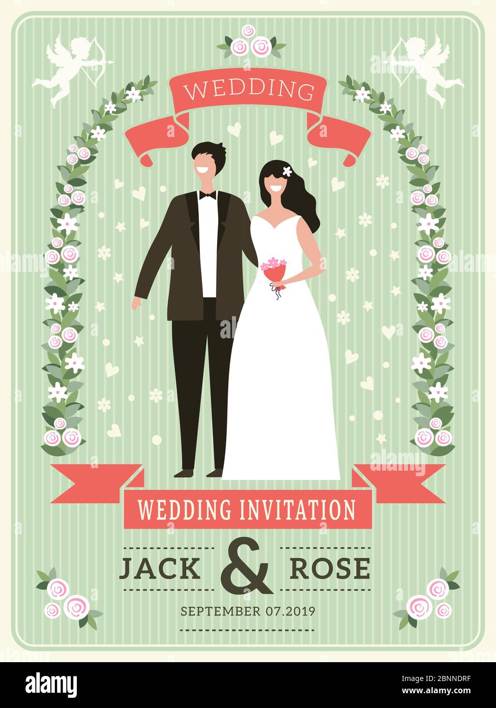 Wedding invitation background. Happy groom couple happy lovers wed day cute  bride vector placard Stock Vector Image & Art - Alamy