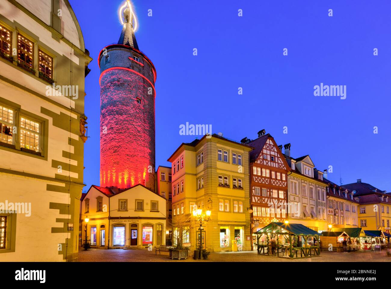 Christmas market, town hall, market tower, blue hour, Christmas decoration, Kitzingen, Franconia, Bavaria, Germany, Europe Stock Photo