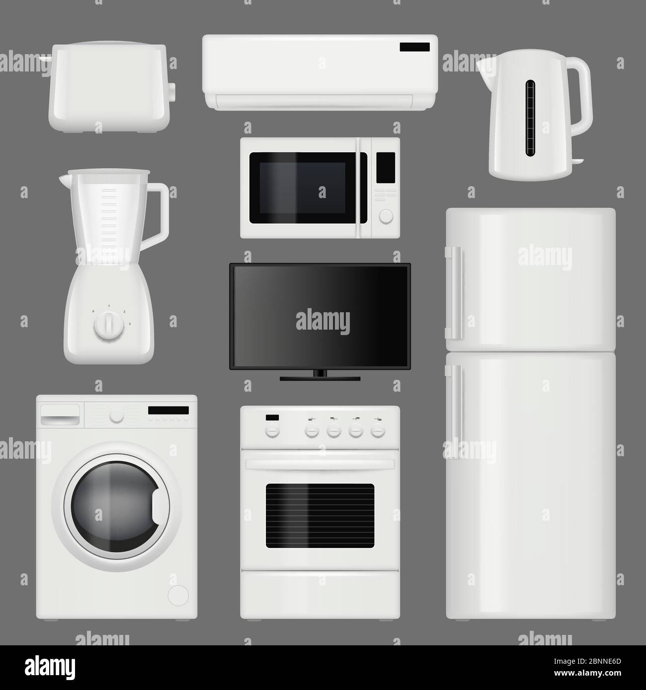 Home appliances realistic. Modern stainless steel kitchen tools vector pictures isolated Stock Vector