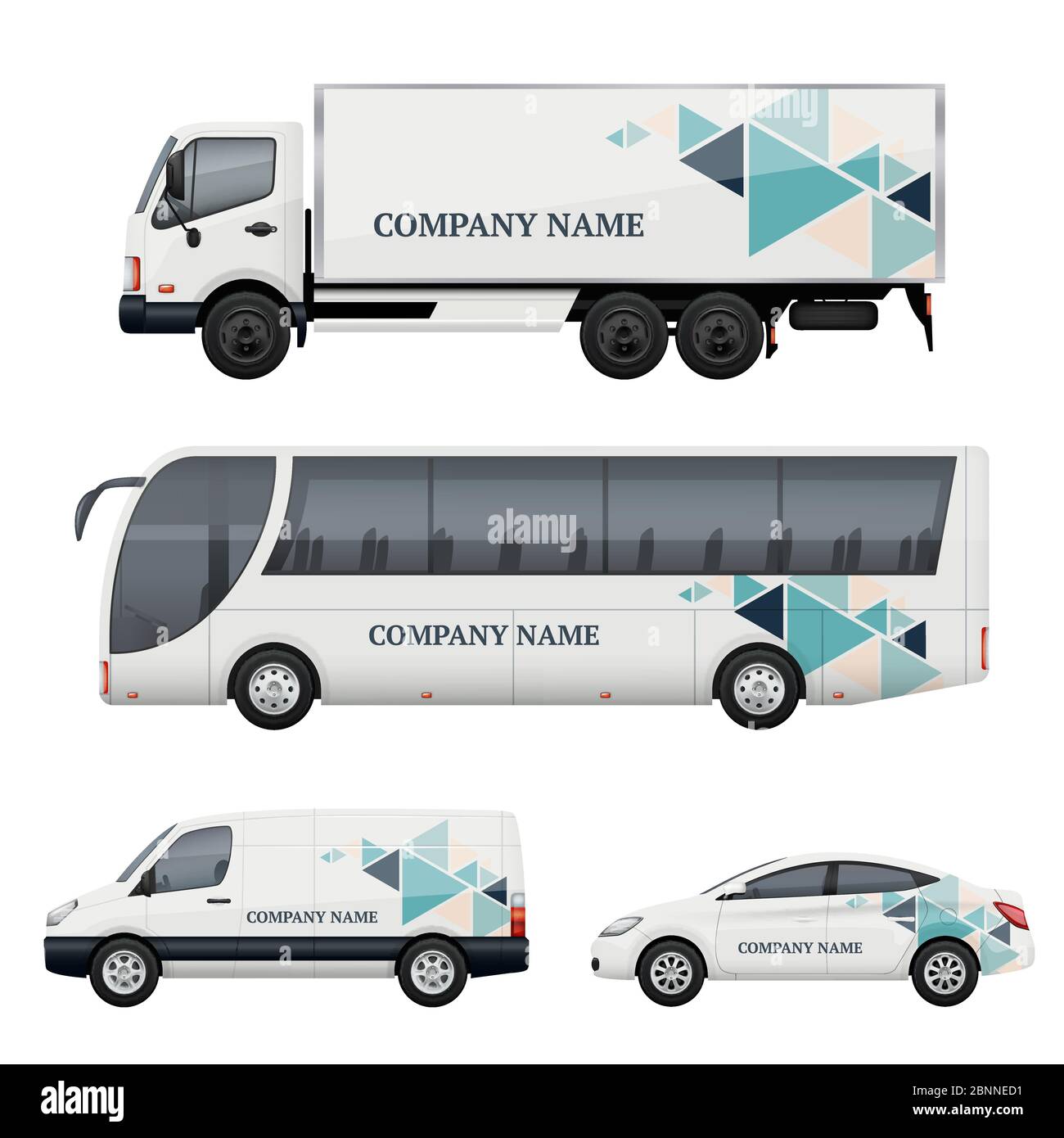 Vehicle branding. Transportation advertizing bus truck van car realistic vector mockup Stock Vector