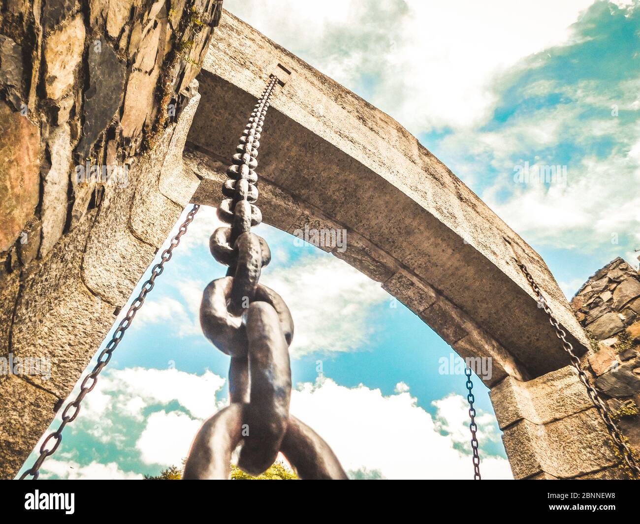 Giant chain holding old bridge Stock Photo