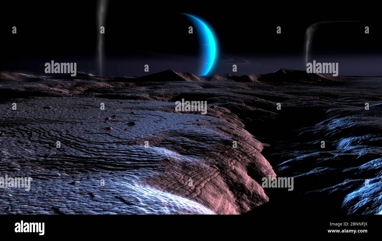 Geysers on Triton, illustration. Unusual geysers erupt continually on the frigid surface of Neptune's largest moon, Triton. The geysers can reach heights up to 8 kilometres before being sheared off by prevailing winds. Stock Photo