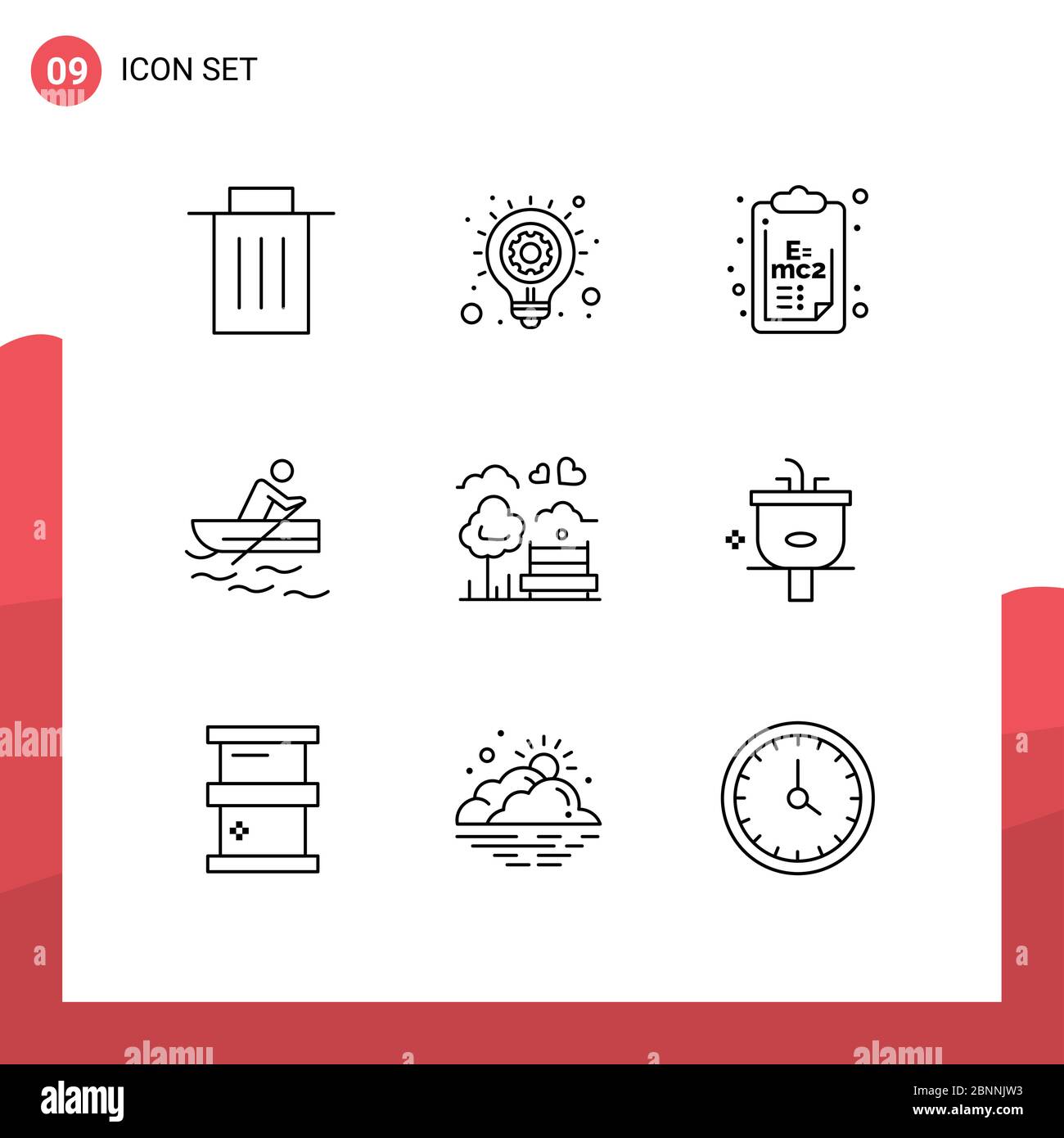 Mobile Interface Outline Set of 9 Pictograms of tree, water, chemistry, training, boat Editable Vector Design Elements Stock Vector