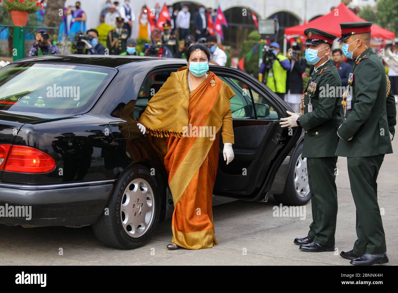 Nepal's President, Bidhya Devi Bhandari wearing a face mask and gloves on her arrival at the parliament to present government's policies and programs for the upcoming fiscal year during the Coronavirus (COVID-19) lockdown crisis. Stock Photo