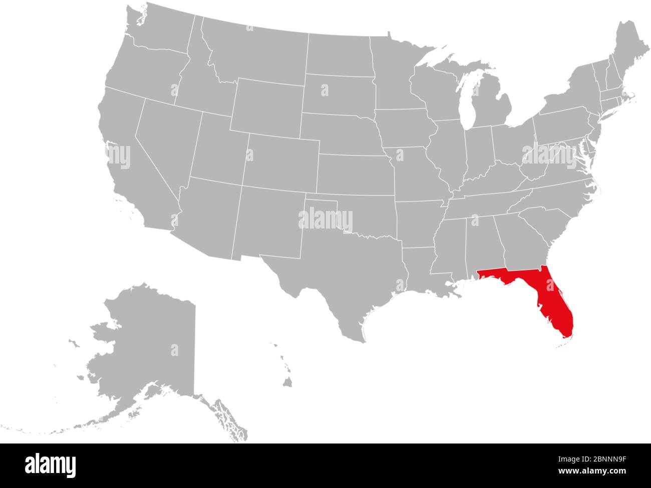 Florida highlighted red US map vector illustration. Gray background. United states political map. Stock Vector