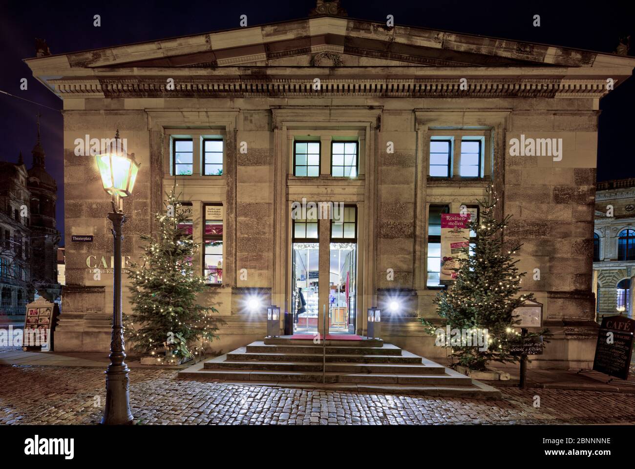 Cafe Schinkelwache, Theaterplatz, facade, illuminated, Dresden, Saxony, Germany, Europe, Stock Photo