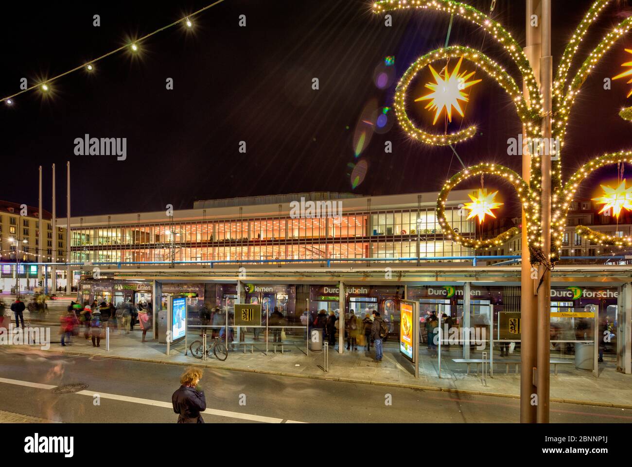 Kulturpalast, tram, stop, Altmarkt, illuminated, Dresden, Saxony