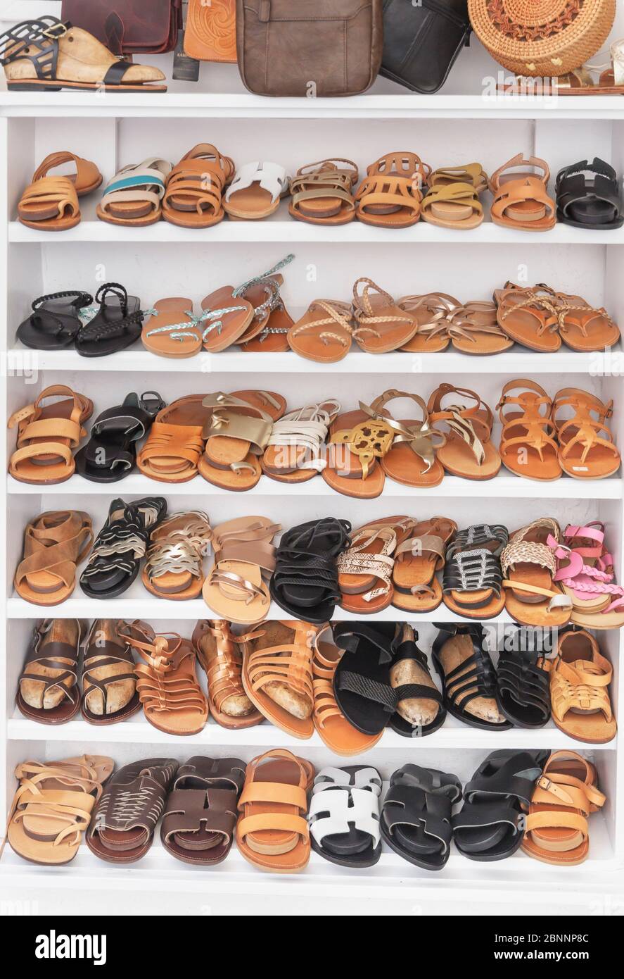 Sandals on display, Mykonos Town, Mykonos, Cyclades Islands, Greece Stock  Photo - Alamy